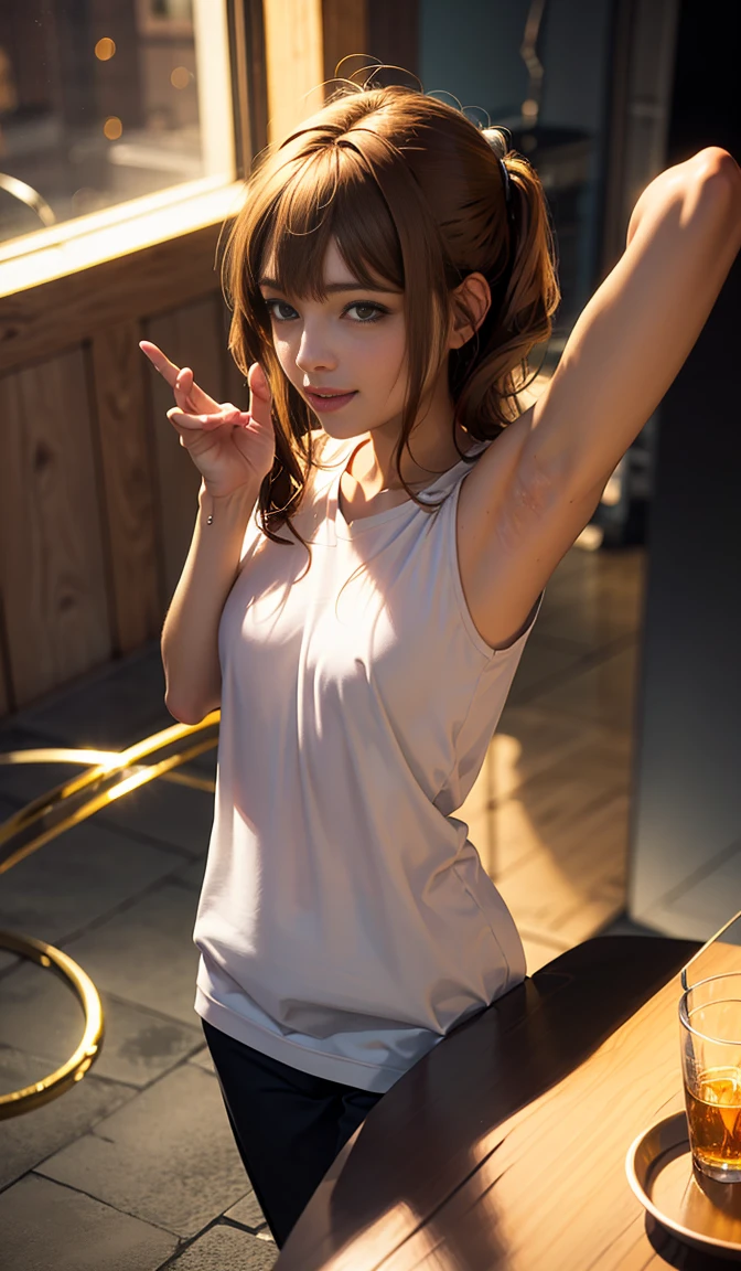 profile、Turned around、Butt,Flat Chest、(Slim body)、((Slim body))、Long Hair,Straight Bangs,Embarrassing,masterpiece,diamond、Earrings,background of fantasy,(((Brown Hair)))、 hair ornaments,Headband,Brown Hair, hot pants、Sweaty hair、Sweaty skin、naked、Sports towel draped over shoulders、With a towel around your neck、Bring a sports towel、Perfect lighting, Extremely detailed CG, (Perfect hands, Perfect Anatomy),Laughing with your mouth open、Concert Venues、live house、stage、Facing forward、