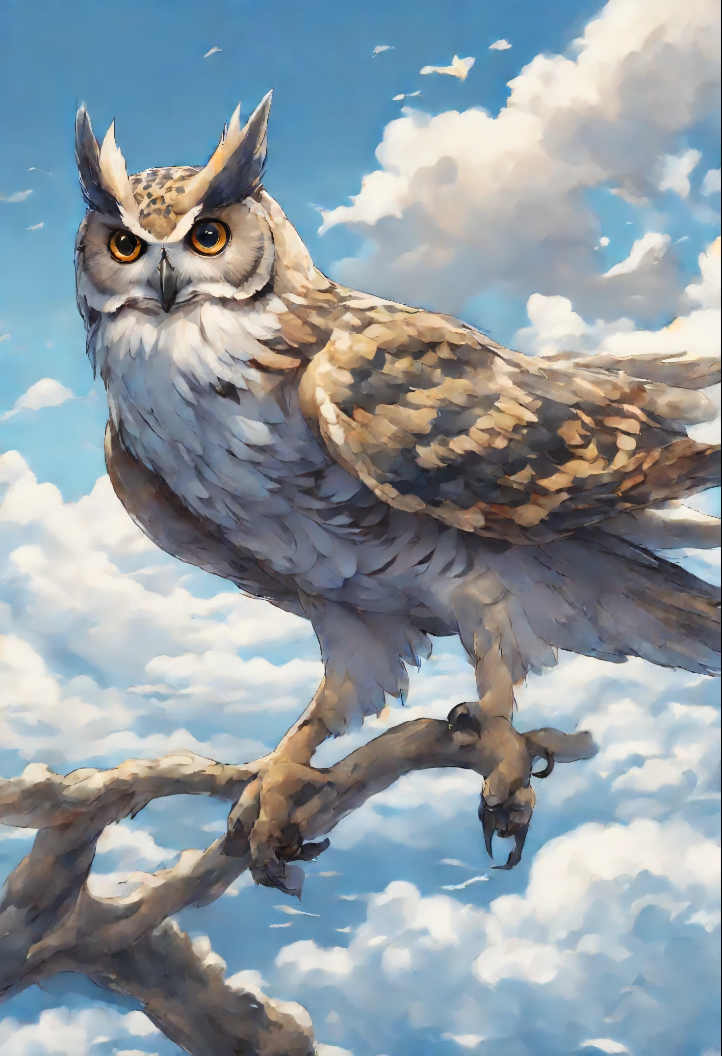 close-up of an owl and a swallow, walking on the clouds, fluffy clouds, shaggy clouds, casimir art, shigenori soejima illustration, boris valejo. Owl traveler, detailed anime character art, detailed key anime art, Granblue Fantasy, Beautiful owl and swallow in demon slayer art, Taisho Roman, crisp clear rpg portrait, Masamune Shiro, key anime art
