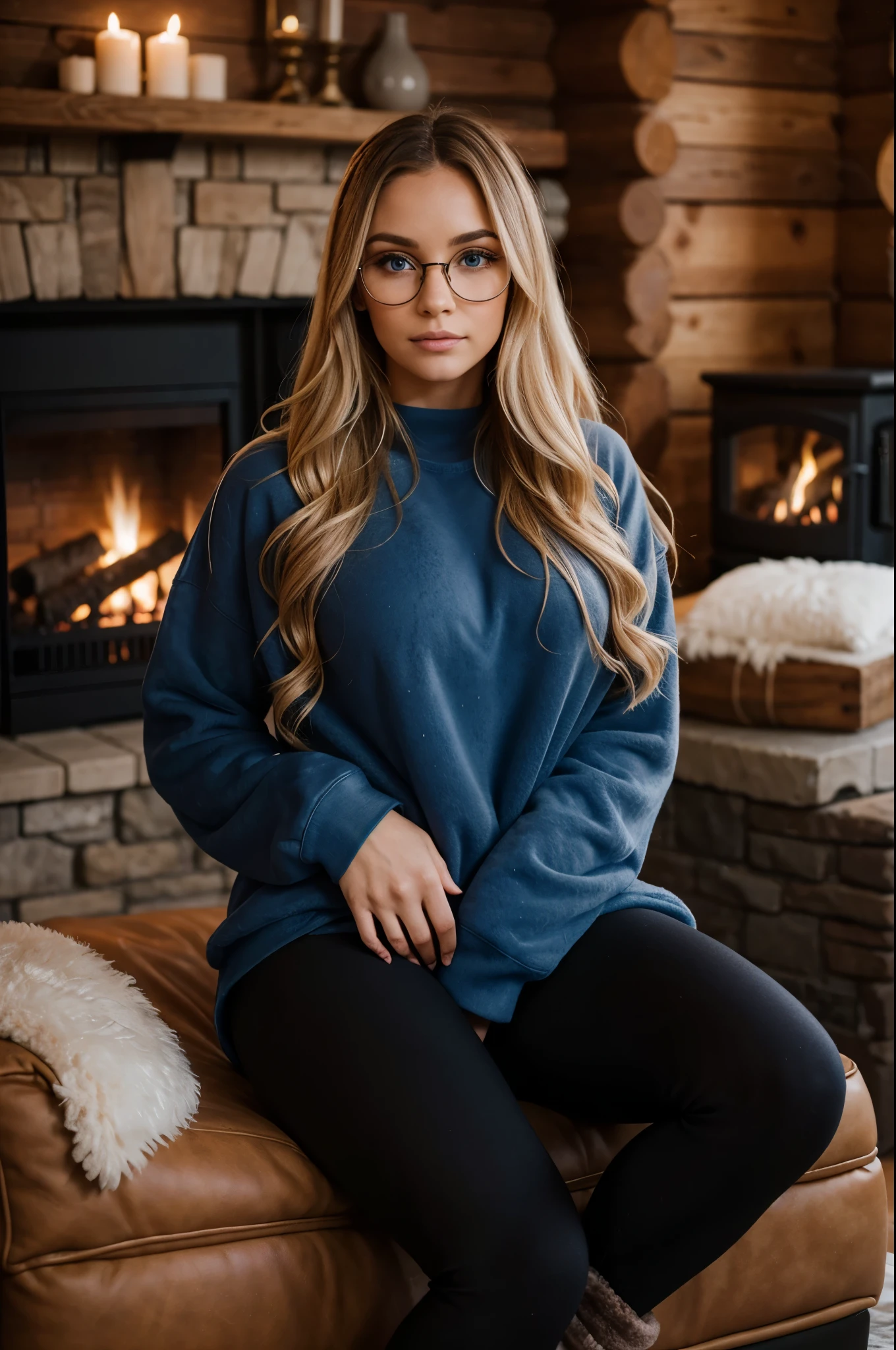 1woman, ombré blonde balayage hair, beautiful blue eyes, freckled face, beautifully detailed face, circle glasses, sweatshirt, seamless black leggings, fuzzy faux fur ugg boots, log cabin by fire place background, full body portrait.