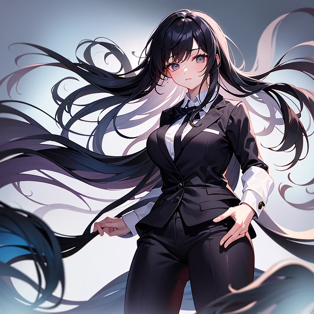 1girl, long black hair, grey eyes, wearing business suit, looking at viewer, 5 fingers, black tie