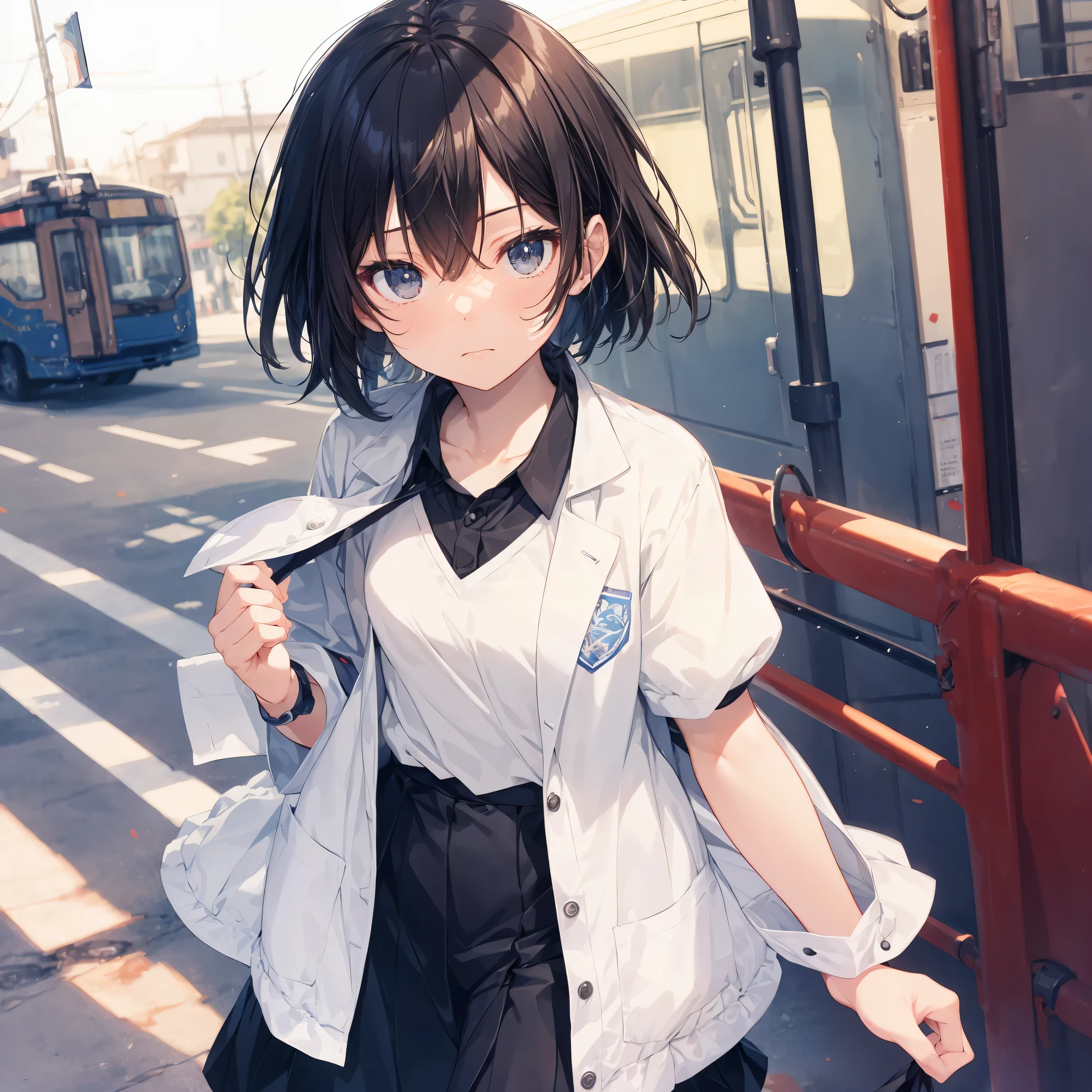 Super high quality by the art god, Ultra-detailed, High resolution, Shinkai Makoto style, anime moe art style, best anime 8K konachan wallpaper, Pixiv Contest Winner, Perfect Anatomy, BREAK,(Please draw a sleepy girl going to school alone.. ),BREAK, a hyperrealistic schoolgirl, (Solo,Lori,,13yea:1.3),Full limbs, complete fingers,a junior gynous attraction, (Very short hair), hair messy, flat chest, Small butt, groin, Small eyes,Beautiful detailed black eyes, Well-proportioned iris and pupils, disgusted eye, High resolution detailed hair, School uniform, Skirt,  On the way to school. BREAK,Ultra-detailed細なスキン, Best lighting by famous artists, 8K, Illustration,