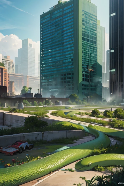 a green fire hydrant in the middle of a city, a matte painting, by Ignacio Zuloaga, destruction around her, green snakes, flattened, the last day on earth
