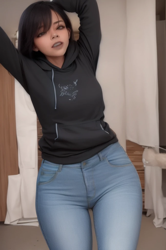 There is a woman standing in a room with her arms outstretched.., jeans negros extremadamente ajustados, Traje ajustado, usar jeans and a black hoodie, usando ropa ajustada, Outfit muy sexy, Vestimenta ajustada, Llevar traje ajustado, usar jeans, tocando su ropa, cintura delgada y caderas gruesas, con camisa ajustada, Ajuste ajustado, , she is dancing. realista