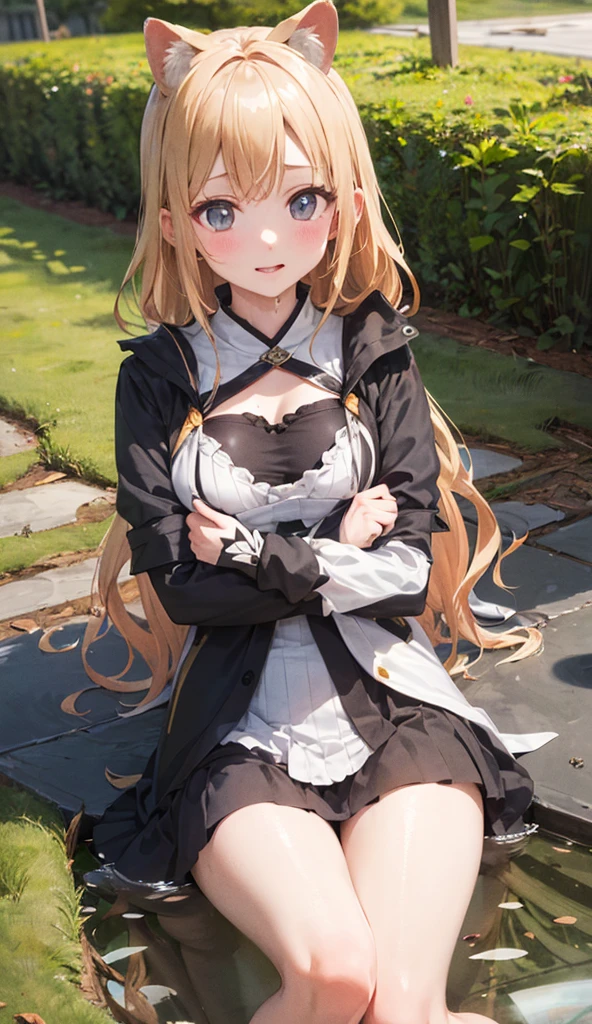 16 year old woman, blonde hair, blunt bangs, french braid, huge ahoge, long hair, eye reflection, simple leather armor, sitting on the ground, a bandage over her left eye, closed eyes, smiling, bleeding, a serene face,forest scenery, blue eyes, wide shot, UHD, masterpiece, 8k, super detail, best quality, highres, high details, high quality
