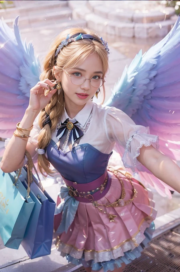 (female:1.2), 8k, ultra hd, ultra detailed texture, hyper realistic, masterpiece, detailed texture, detailed face, detailed skin, detailed lighting, (photorealistic:1.5), best quality, beautiful lighting, cinematic lighting, professional lighting, ultra highres, realistic, detailed hair, real hair, high quality, (realskin:1.5), extremely detailed, finely detail, ultra-detailed, 1girl, solo, goddess, (aqua eyes:1.5), pink lips, parted lips, smile, nose, white skin, pretty, beautiful, make up, cute face, long hair, blonde hair, hair braids, jewelry, earrings, bracelet, gold glasses, large breasts, rainbow colored wings, feathered wings, white dress, pink skirt, bowtie, holding, rafaela \(mobile legends\), depth of field, looking aways, skin tight, amazing pose, outdoors, sunlight, glowing, fantasy background, blurry background, bring a bag, take the escalator