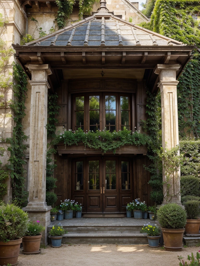 Belle demeur maison réaliste précis entouré de fleurs jardin décor steampunk