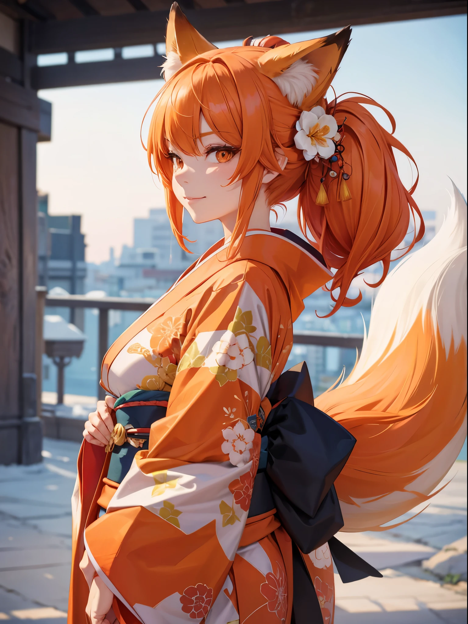 Fox girl, kimono, orange and white, smirk, side eye, side view, looking at viewer, side profile, giant fox tail