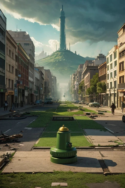 a green fire hydrant in the middle of a city, a matte painting, by Ignacio Zuloaga, destruction around her, green snakes, flattened, the last day on earth