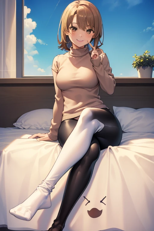 ((full body:1.4)), irohaisshikitest, iroha isshiki, short hair, brown hair, (brown eyes:1.5),
((white sweater:1.4)), ((short white socks:1.4)), ((black leggins:1.4)), ((smile face:1.5)), ((medium breasts:1.4)), ((blushing)), red face.
BREAK, living room background, ((sitting on bed:1.5)), ((crossed legs:1.5)), ((finger on moutch:1.4))
BREAK ((looking at viever:1.4)), BREAK (masterpiece:1.2), best quality, high resolution, unity 8k wallpaper, (illustration:0.8), (beautiful detailed eyes:1.6), extremely detailed face, perfect lighting, extremely detailed CG, (perfect hands, perfect anatomy), ((sky from bellow:1.5)), ((full shot:1.5))
