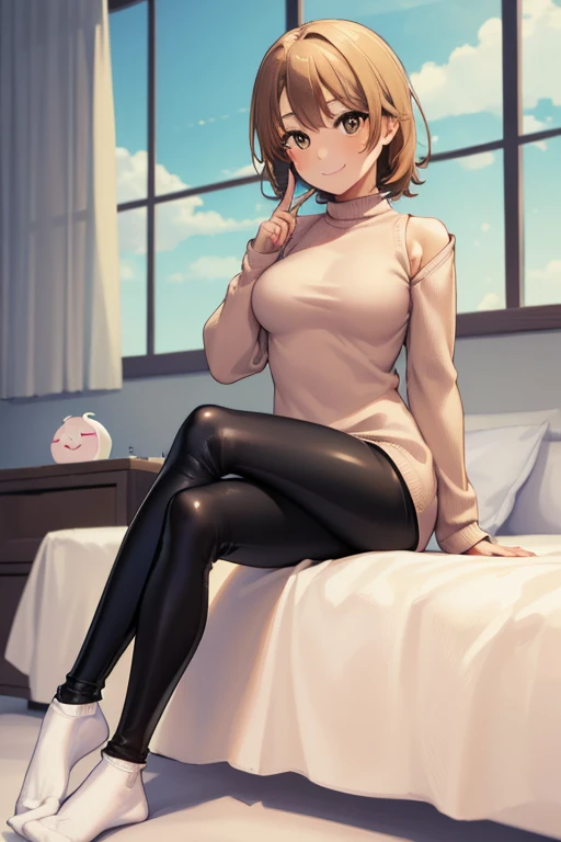 ((full body:1.4)), irohaisshikitest, iroha isshiki, short hair, brown hair, (brown eyes:1.5),
((white sweater:1.4)), ((short white socks:1.4)), ((black leggins:1.4)), ((smile face:1.5)), ((medium breasts:1.4)), ((blushing)), red face.
BREAK, living room background, ((sitting on bed:1.5)), ((crossed legs:1.5)), ((finger on moutch:1.4))
BREAK ((looking at viever:1.4)), BREAK (masterpiece:1.2), best quality, high resolution, unity 8k wallpaper, (illustration:0.8), (beautiful detailed eyes:1.6), extremely detailed face, perfect lighting, extremely detailed CG, (perfect hands, perfect anatomy), ((sky from bellow:1.5)), ((full shot:1.5))