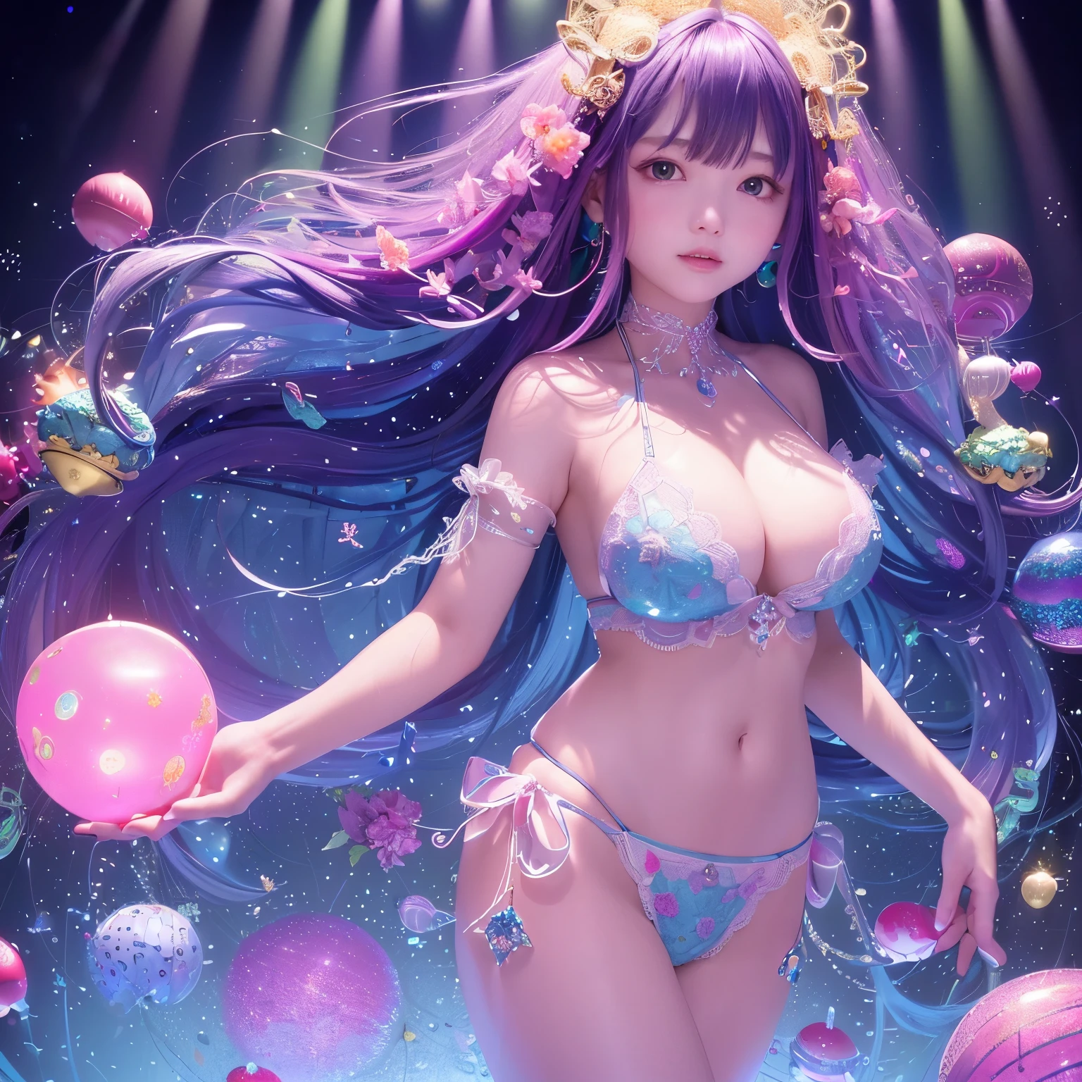 The upper part of the body、one girls、I have dark blue hair color、Two-tone、(Pink Highlight Hair、curlyhair/floral hair band、very Bigger breasts、Lace Bikini(sparkling jewel design)Glittering jewel lace ornaments on the body、Countless glowing spheres float、Glowing soap bubbles、shining chandelier、underwater where fish swim、Glowing jellyfish、Looking at the camera