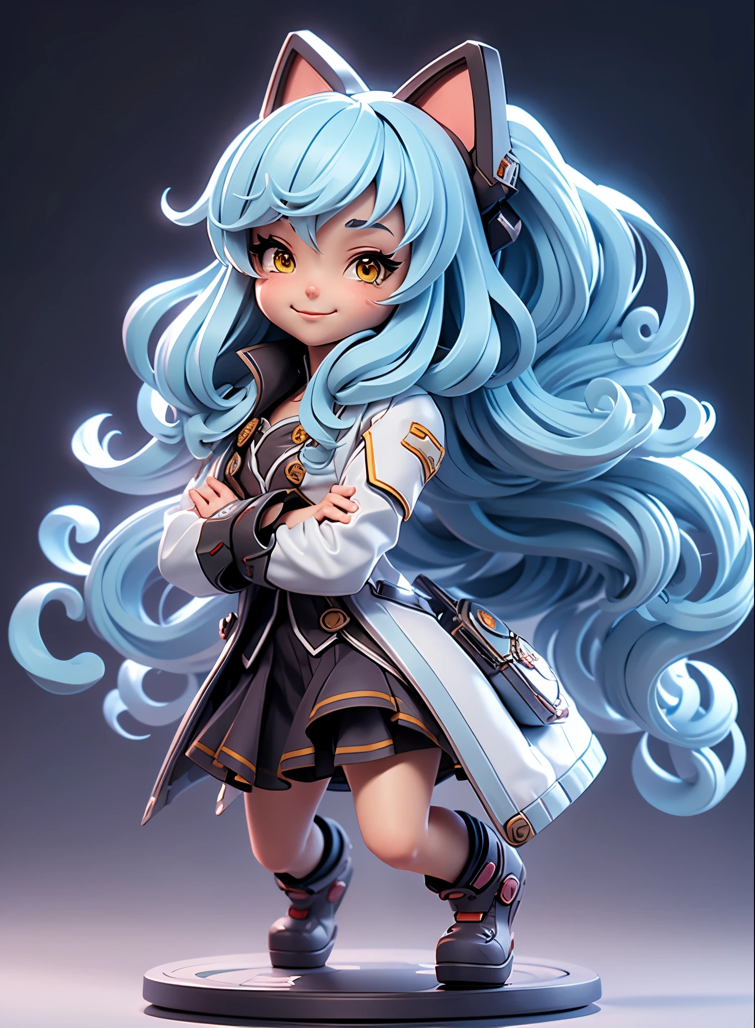 (Dynamic Angle:1.4), ((Full body posing:1.5),Cat Ear Hair Band,Twin-tailed,Light blue long hair,White coat,2. 5 d cgi anime fantasy artwork, Official Character Art, cushart krenz key art feminine, shadowverse character concept, 3 d render official art, anime goddess, jrpg character art, render of a cute 3d anime girl,A sly smile
