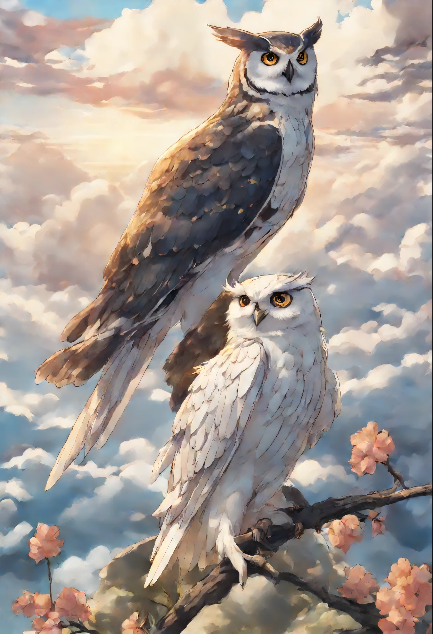 close-up of an owl and a swallow, walking on the clouds, fluffy clouds, shaggy clouds, casimir art, shigenori soejima illustration, boris valejo. Owl traveler, detailed anime character art, detailed key anime art, Granblue Fantasy, Beautiful owl and swallow in demon slayer art, Taisho Roman, crisp clear rpg portrait, Masamune Shiro, key anime art
