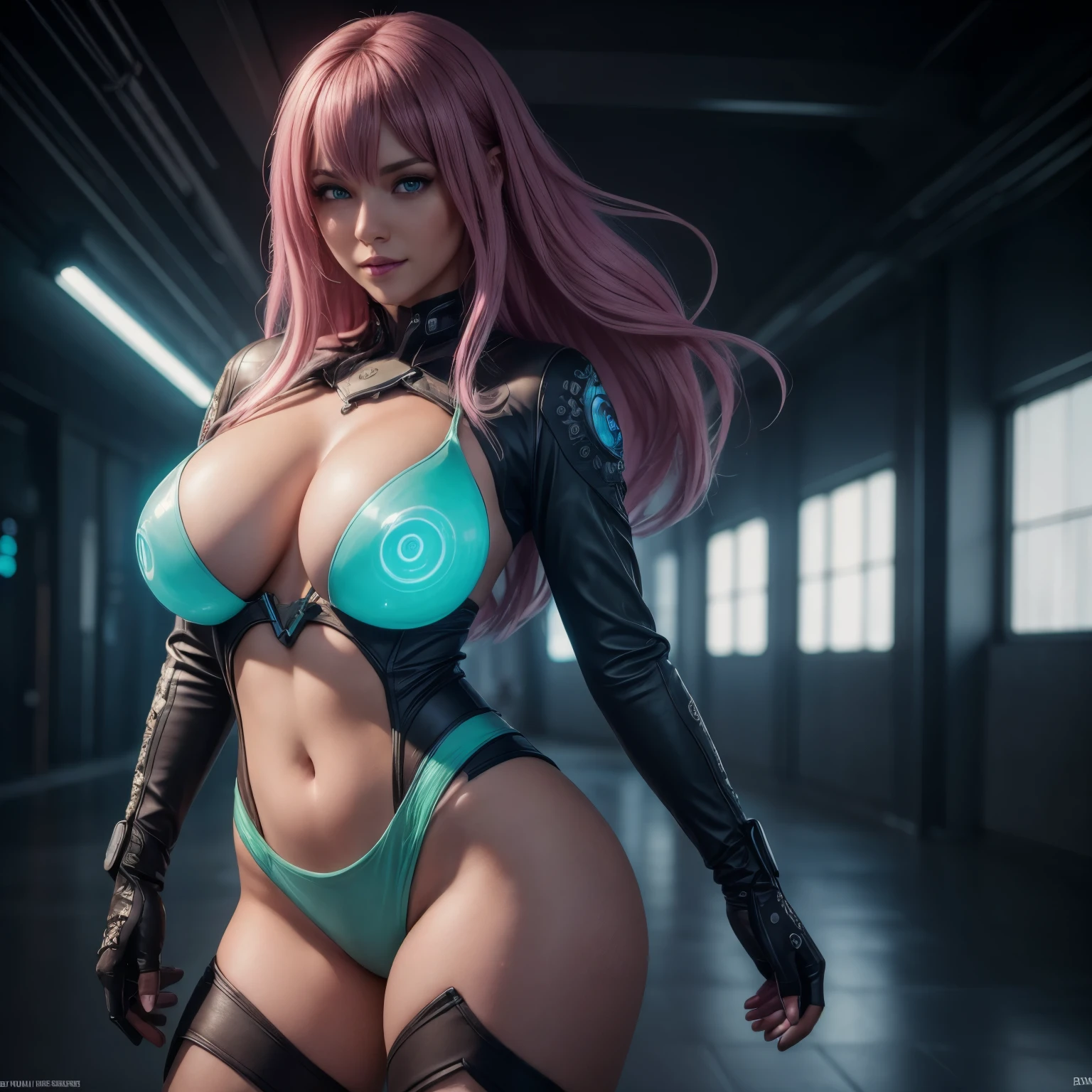 Beautiful nude woman with massive breasts. The breasts are not covered by anything. Full Body posture. Massive curly very long mix of neon red hair and neon green hair and neon blue hair. Red full thin lips, green eyes, happy Smiles. ((Best quality)), ((masterpiece)), (detailed:1.4), 3D, A beautiful cyberpunk female figure,Thick hair,light particules,Pure energy chaos anti-technology,HDR(HighDynamicRange),Ray traching, NVIDIA RTX, Super-Resolution, Unreal 5, Subsurface scattering, PBR Texturing, Post-processing, Anisotropic Filtering, Depth-of-field,Maximum clarity and sharpness, Multi-layered textures, Albedo and Specular maps, Surface shading, Accurately simulate light-material interactions, perfectly proportions, Octane Render, twotonelighting, largeaperture, Low ISO, White balance, the rule of thirds, 8K RAW transparent leather jacket