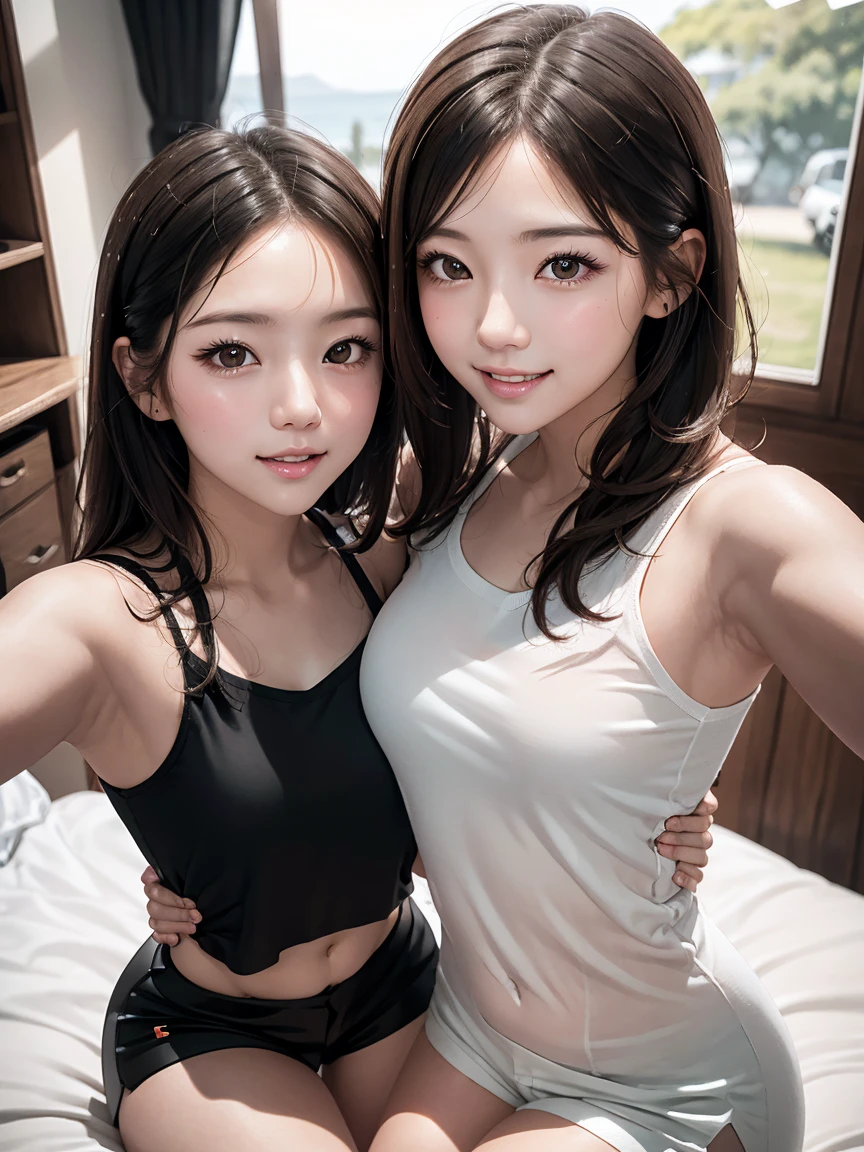 realistic, 2girls, ((selfie)), brown eyes, body close together, looking up, mouth wide open, smiling, face extra large zoom, sitting on bed, sexy, (bare shoulders), (covered nipples), (camisole), (dolphin shorts), (small breasts), (wet)