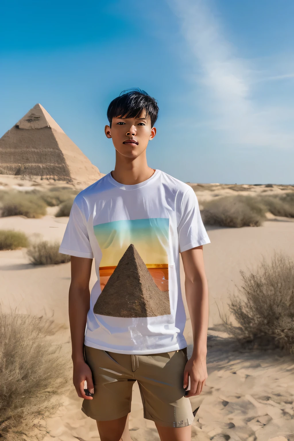 potarit man look own noise, ( perfect face ) , at desert pyramid and beach sky 180 sm , clothes t shirt ,