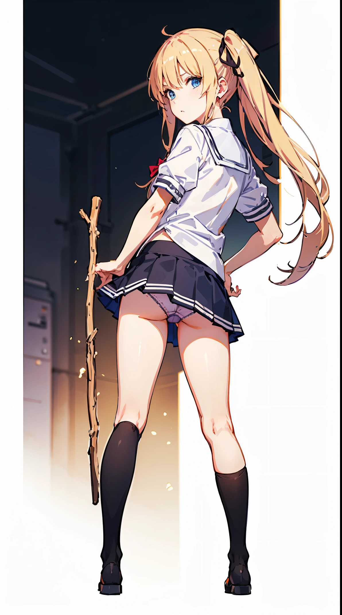 a female cartoon character with long straight Blonde hair in short sleeve schoolgirl dress 1 girl, sawamura spencer eriri, Solo, thighs thighs thighs thighs, School uniform, Blonde hair, Blue eyes, Twin-tailed, Long hair, Skirt, black、thighs thighs thighs thighs, white Background, Full body, bow ribbon, Looking at Viewer, hair bow ribbon,  Background, Standing, zettai ryouiki, pleated Skirt, Panty Pose, (upSkirt:1.5), (panties on:1.3)、knee sox
, (masutepiece:1.6, Best Quality), (Detailed eyes: 1.4), Hip thrust pose、tremendous area、stick out buttocks、(Stick out your butt and show your panties:1.5)、見えるpanties on、Stretch your knees、Looking behind you、from behind