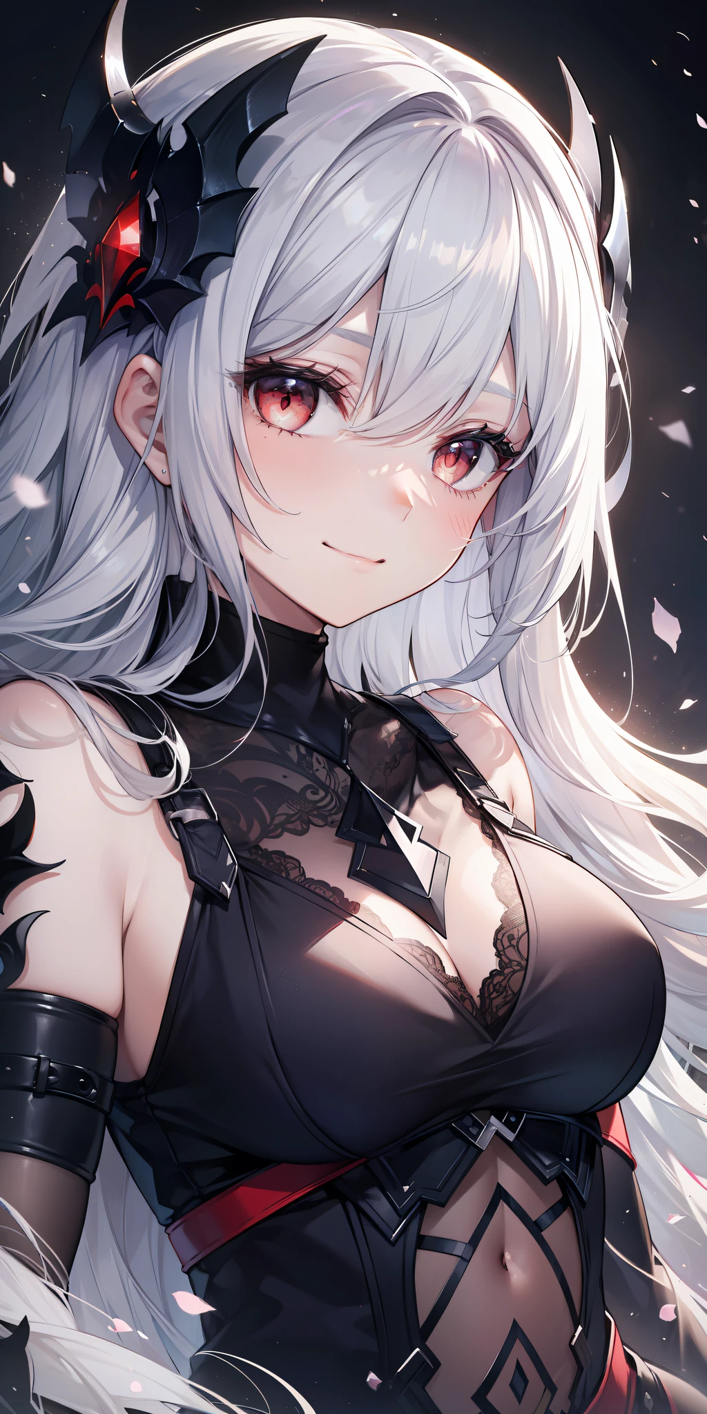 Sam: 1 girl, Alone, ((extremely detaild的 CG unified 8k wallpapers)), main part, Best quality at best, ((ultra - detailed)), best eyeshadow, colorful background, illustratio, (beautiful and detail face), floated hair, dynamic angle, hight contrast, best illuminate, Extremely Delicately Beautiful, (hyper-detailing), (pretty face:1.2), (ssmile:1.0), Gothic, Knight's armor, Mono Color, The face is covered with a veil, 可怕的ssmile, 狂的ssmile, Devilish red eyes, Fried chicken, dynamicposes