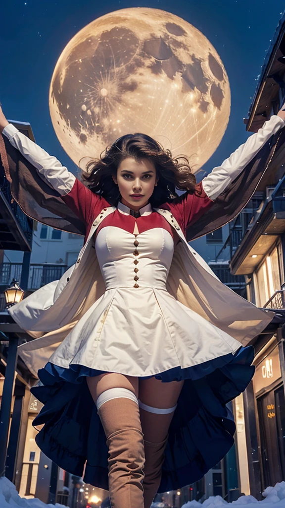 santa dress,1girl,flying in sky,dynamic angle,

,night,,moon,winter,street,