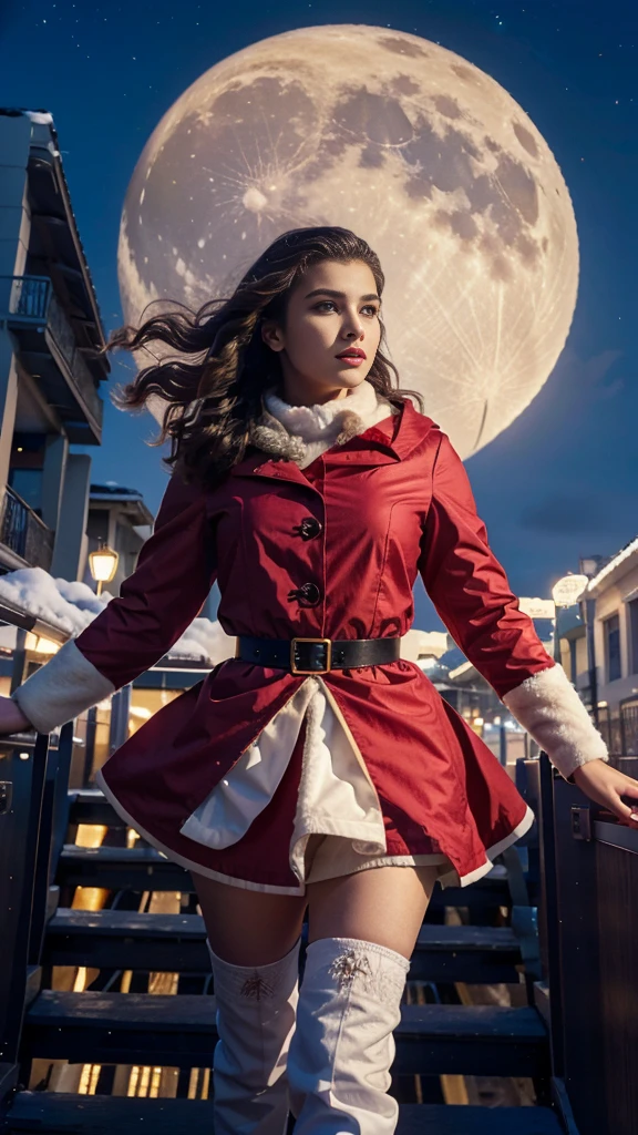 santa dress,1girl,flying in sky,dynamic angle,

,night,,moon,winter,street,