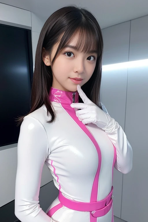 (Place your index finger on your chin, bend the index finger, Shiny rubber suit, gazing at viewer, Leaning forward, 1 girl, Looking at Viewer, from the front side, facing straight at viewer, white clothes, pink line in the clothes, White Gloves, futuristic spacesuit, Inside the spaceship restraint bed room), Smile, Upper body, body suit, Mini Pencil Skirt, High neck clothing, Hide the neck, drooping eyes, Head tilt, masutepiece, Best Quality, an extremely cute girl, 18 years old, Black hair