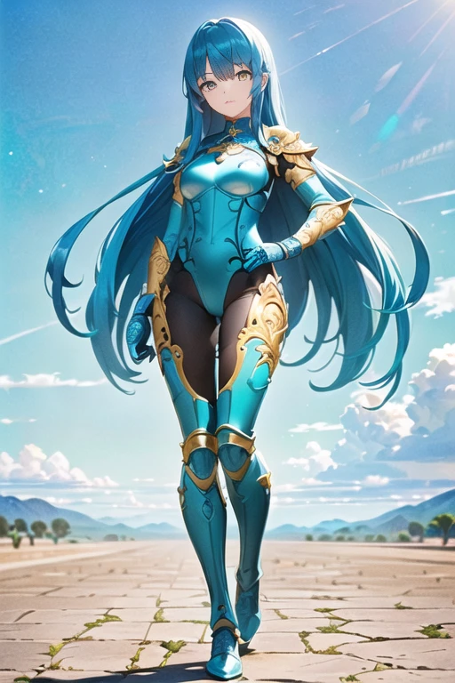 Cartoon photo of busty woman in blue and green and yellow costume、Hot insect humanoid female、Guyver Style、SFW version、Scarabeleploid、tail、Cel Shade Adult Animation、Alien Queen、Core Crystal、