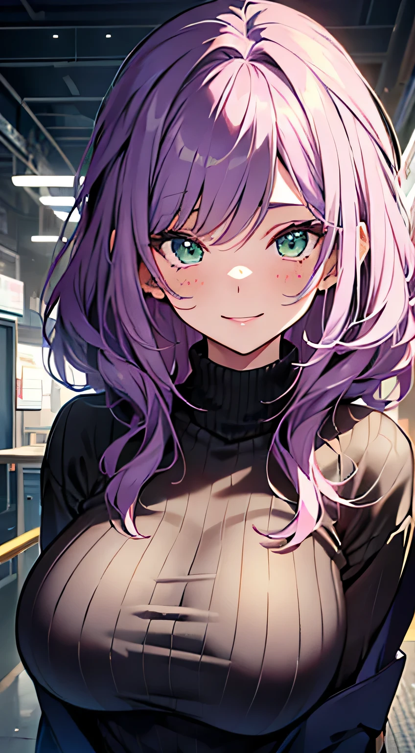 (masterpiece, highres, high resolution:1.2), anime 20 yo girl, portrait, shoulders up, illustration. drawn, violet hair woman, green eyes, blushing, solo, huge smile, freckles, big lips, huge breasts, perfect body, wearing a turtleneck sweater, anime girl, no hands.
