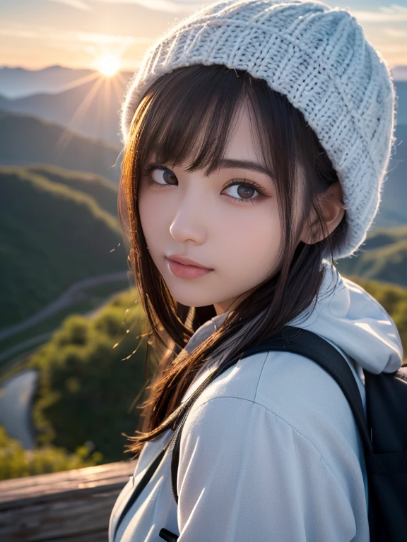 (A hyper-realistic, hight resolution, ighly detailed:1.2),8K, (beautiful eyes and detailed face:1.2), (top-quality), (ultra-detailliert), (( masutepiece)), (1girl in), (Solo),A beautiful girl bathing in the morning sun from the mountaintop before dawn,backpack,windbreaker,Fluffy knitted hat,