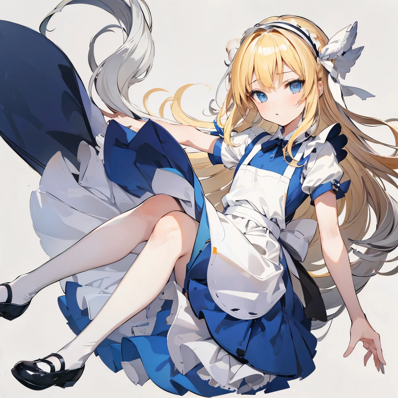 【Highest Quality, masutepiece】  [1 girl in, expressioness, (blonde hair:1.5), long hair, dress, (blue eyes:1.3), white legwear, apron, hairband ribbon, blue dress, shoes, short sleeves, saucer, black footwear, Upper body] (Gray white background:1.7), Surprised,