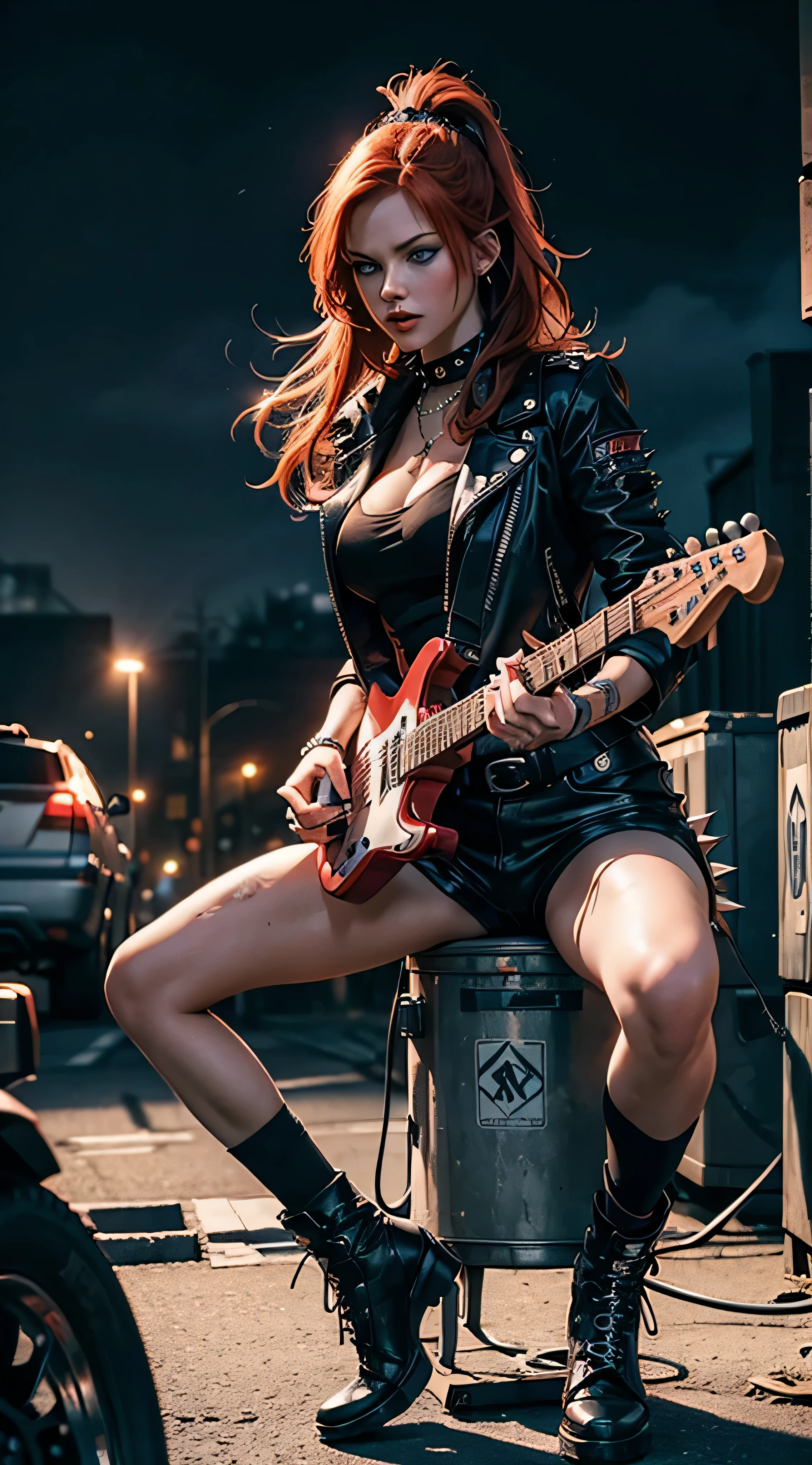 Young sexy GINGER women WITH BLUE EYES in punk outfit long spiky colorful punk hair singing rock song and playing electric guitar in waste disposal site, night, serious face, nighttime, in school of rock movie style, hyper - realistic photography, dramatic effect, smoke effect in background, dark color grading, full body, 64k, close - up shot, extreme close - up photo, elegant, super detailed, Ultra high photo realistic, 35mm --aspect 1:1 --s 750 --v 5.2, 64k high quality detailed art, 3d render art.