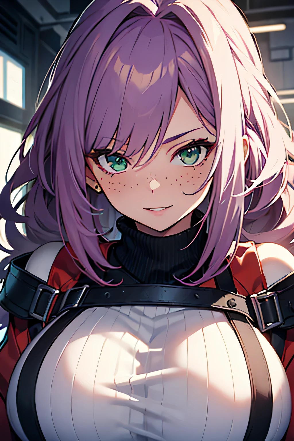 (masterpiece, highres, high resolution:1.2), anime 20 yo girl, portrait, shoulders up, illustration. drawn, violet hair woman, green eyes, blushing, solo, laughing, freckles, big lips, huge breasts, perfect body, wearing a turtleneck sweater, anime girl, no hands.