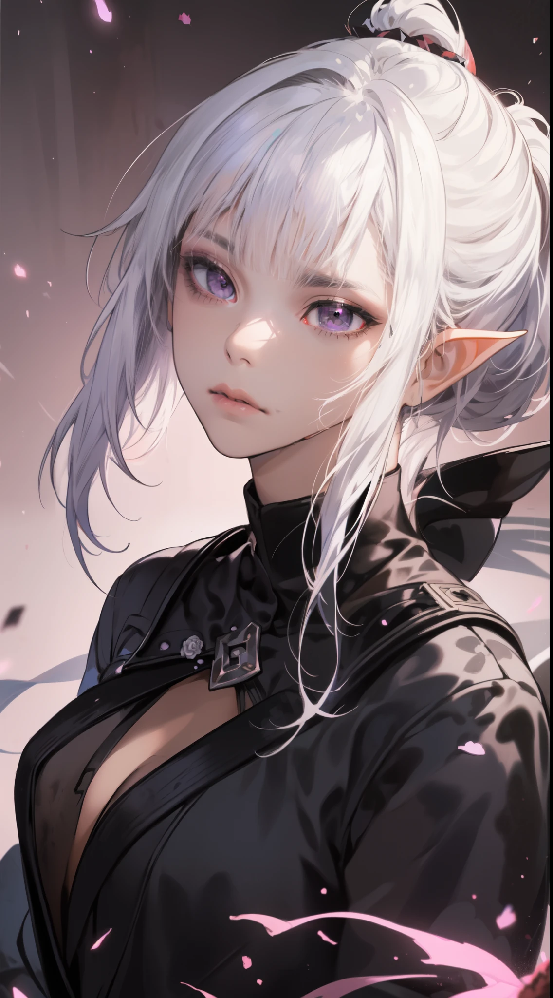 ((best quality)), ((masterpiece)), (detailed), perfect face, a woman dark elf who is a chaos knight, (design by Yoshitaka Amano:1.3), (corrupted:1.2), (rose in hands:1.1), (mysterious:1.25), (elegant:1.15), (dangerous:1.3), (dark and misty background:1.2), (intriguing:1.1), (purple and black colors:1.3), (sharp focus:1.2), (powerful:1.25), (sorrowful expression:1.3), (fantasy:1.2), BREAK, highly detailed of (dark elf:1.2), (1girl), solo, perfect face, details eye, ponytail, Blunt bangs, (hair between eye), white hair, violet eyes, art by Artgerm, by Kawacy,  BREAK, eyelashes, eyeshadow, pink eyeshadow, (tanned skin:1.2)