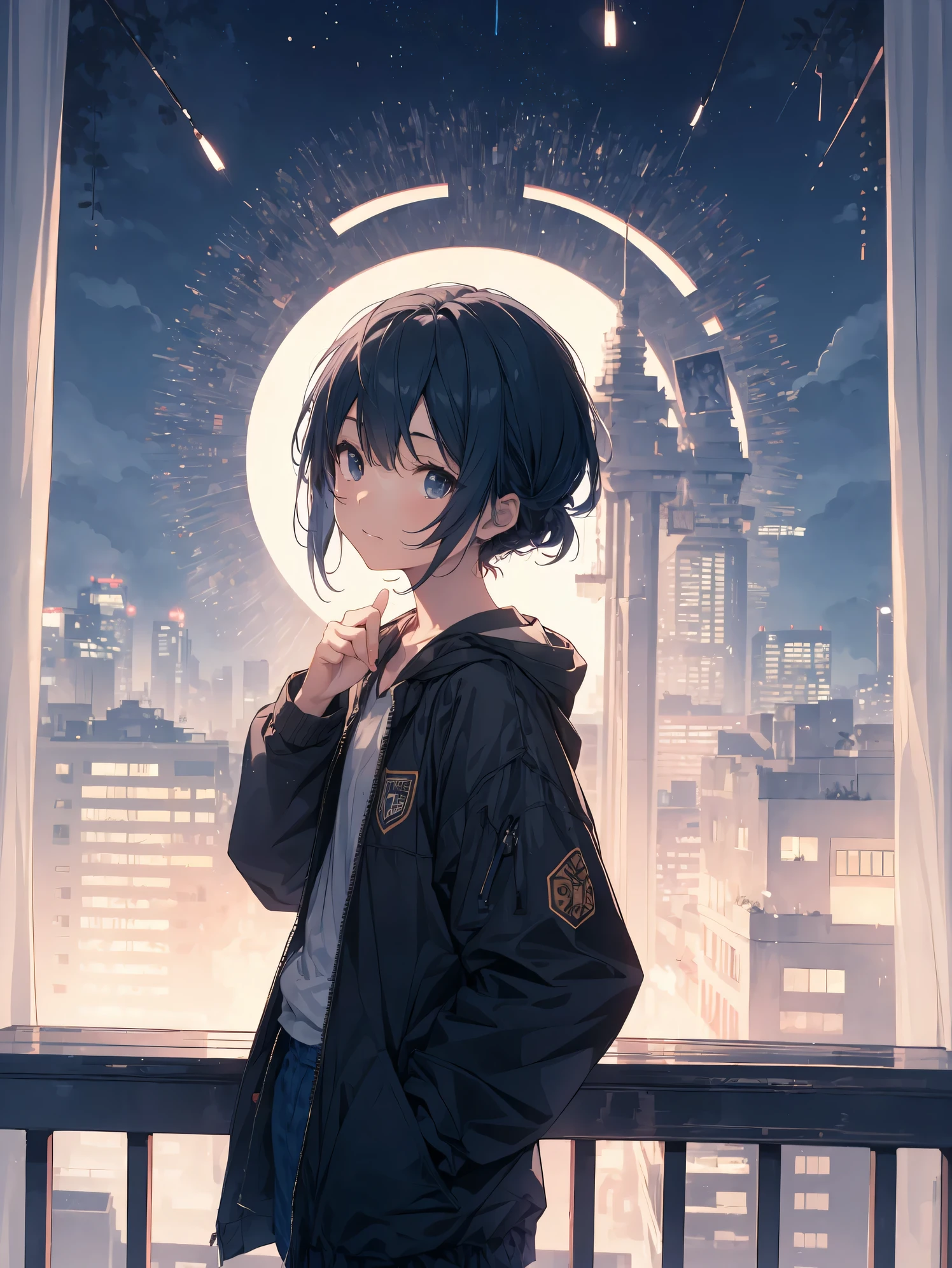 Super high quality by the art god, Ultra-detailed, High resolution,  ilya kuvshinov style, anime moe art style, best anime 8K konachan wallpaper, Pixiv Contest Winner, Perfect Anatomy, BREAK,(Please draw a picture of a girl sitting and looking at the night view..),BREAK, a hyperrealistic schoolgirl, (Solo,Lori,child,13years:1.3),Full limbs, complete fingers,a junior high school student, Androgynous attraction, (Very short hair), hair messy, flat chest, Small butt, groin, Small eyes,Beautiful detailed black eyes, Well-proportioned iris and pupils, High resolution detailed hair,Calm face, Chair sitting in a high floor apartment room, nigh sky, city landscape, view the viewer, City lights, window, Highlight, From Side,BREAK,Ultra-detailed細なスキン, Best lighting by famous artists, 8K, Illustration.