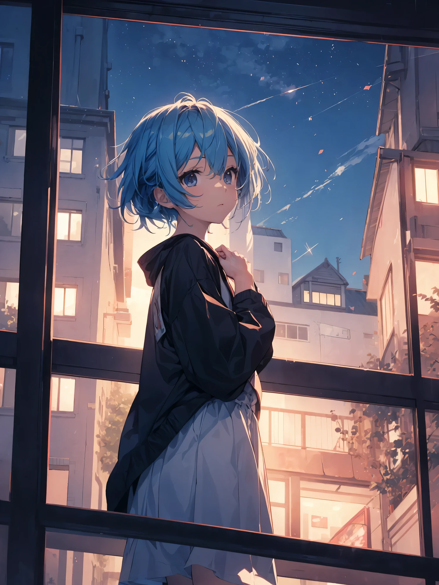 Super high quality by the art god, Ultra-detailed, High resolution,  ilya kuvshinov style, anime moe art style, best anime 8K konachan wallpaper, Pixiv Contest Winner, Perfect Anatomy, BREAK,(Please draw a picture of a girl sitting and looking at the night view..),BREAK, a hyperrealistic schoolgirl, (Solo,Lori,child,13years:1.3),Full limbs, complete fingers,a junior high school student, Androgynous attraction, (Very short hair), hair messy, flat chest, Small butt, groin, Small eyes,Beautiful detailed black eyes, Well-proportioned iris and pupils, High resolution detailed hair,Calm face, Chair sitting in a high floor apartment room, nigh sky, city landscape, view the viewer, City lights, window, Highlight, From Side,BREAK,Ultra-detailed細なスキン, Best lighting by famous artists, 8K, Illustration.