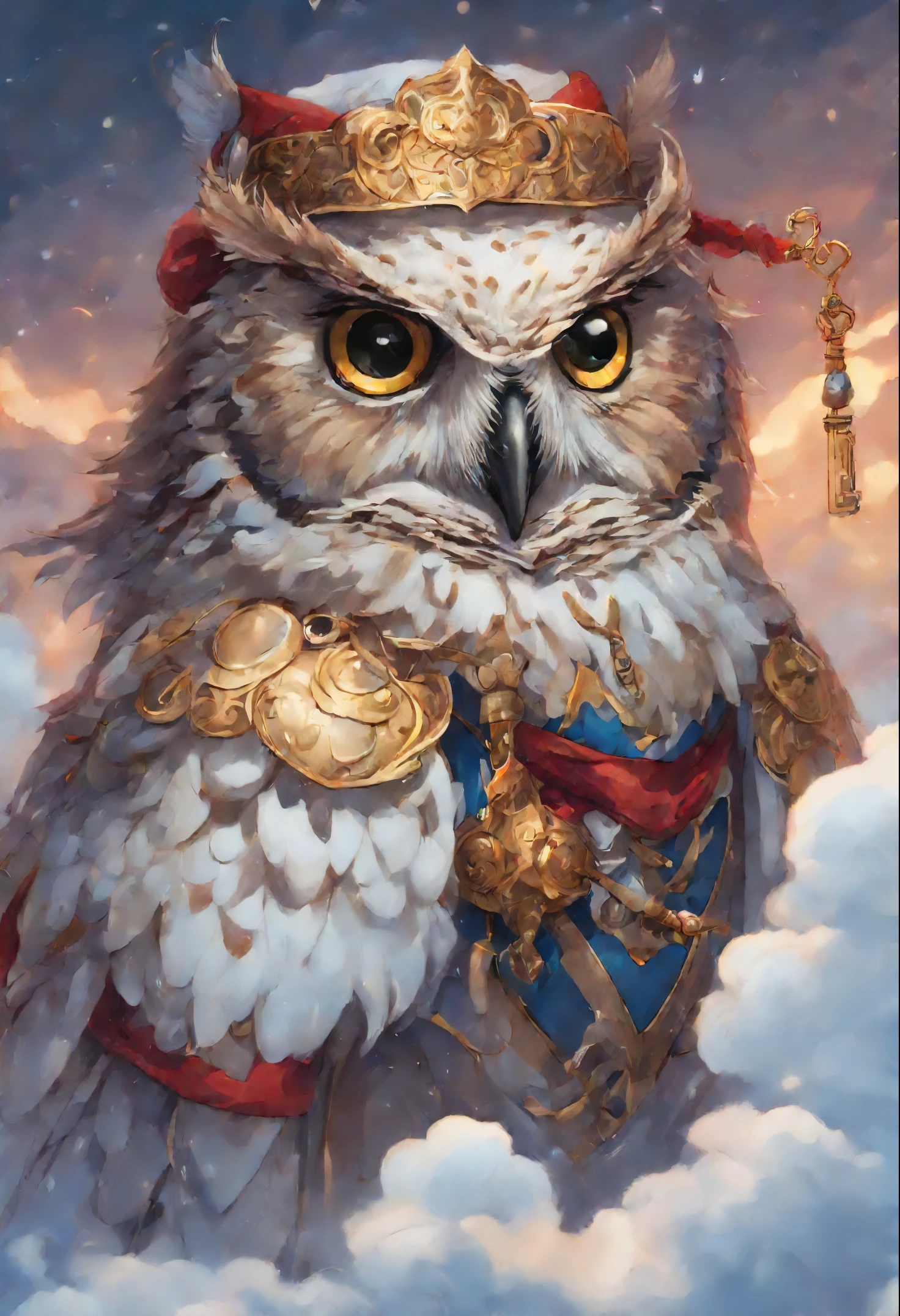 close-up of an owl, Santa Claus walks on the clouds, fluffy clouds, shaggy clouds, casimir art, shigenori soejima illustration, boris valejo. Owl Girl, detailed anime character art, detailed key anime art, Granblue Fantasy, Beautiful owl in demon slayer art, Taisho Roman, crisp clear rpg portrait, Masamune Shiro, key anime art