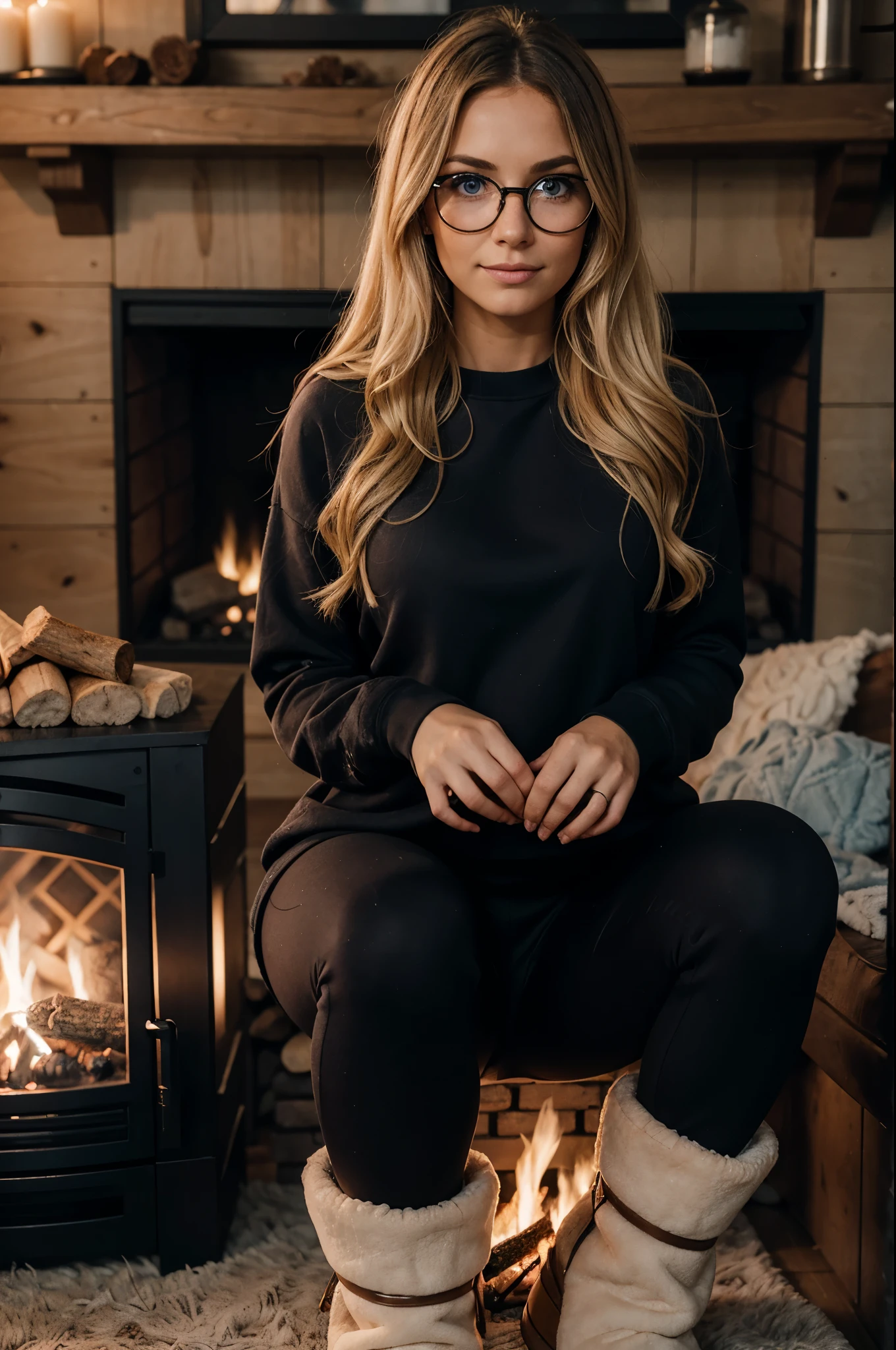 1woman, ombré blonde balayage hair, beautiful blue eyes, freckled face, beautifully detailed face, circle glasses, sweatshirt, seamless black leggings, fuzzy faux fur ugg boots, log cabin by fire place background, full body portrait.