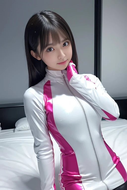 (Place your index finger on your chin, bend the index finger, Shiny rubber suit, gazing at viewer, Leaning forward, 1 girl, Looking at Viewer, from the front side, facing straight at viewer, white clothes, pink line in the clothes, White Gloves, futuristic spacesuit, Inside the spaceship restraint bed room), Smile, Upper body, body suit, Mini Pencil Skirt, High neck clothing, Hide the neck, drooping eyes, Head tilt, masutepiece, Best Quality, an extremely cute girl, 18 years old, Black hair