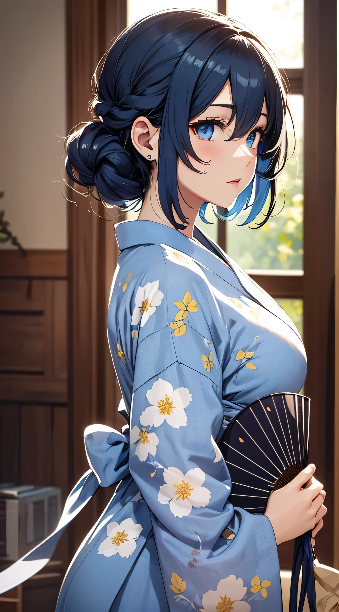 a 20 yo woman、Black-haired head hair、Bery short hair、Big smile、cleavage of the breast、Japanese clothes with open chest、(hi-top fade:1.3)、dark themed、Muted Tones、Subdued Color、highly contrast、(natural skin textures、Hyper-Realism、Soft light、sharp) Breaking Japan's clothes, Kimono, Apron, Waist apron, Blue kimono、