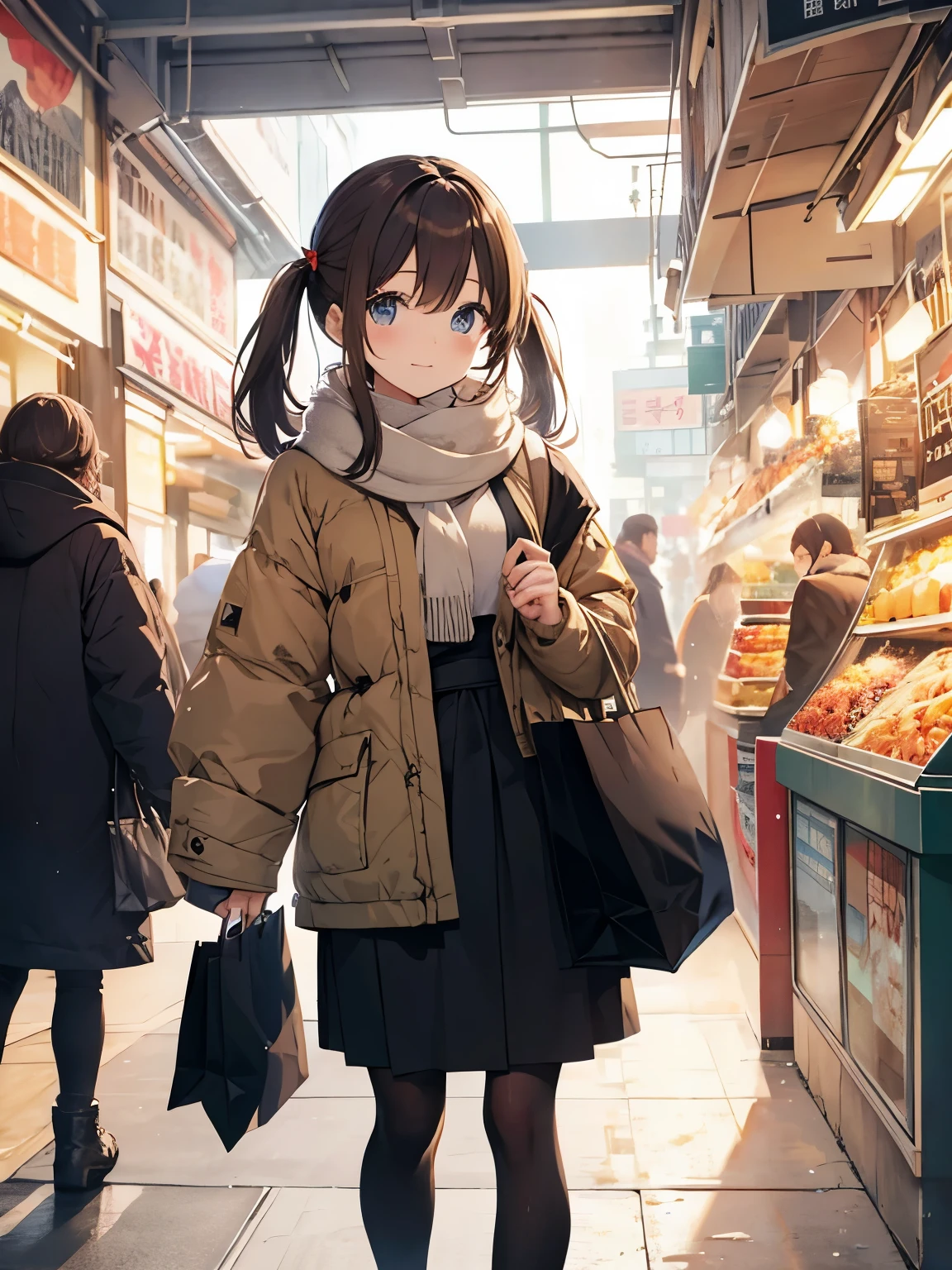 winter city scenery、Soft sunshine、girl enjoying shopping、full body Esbian、Take your eyes off、BREAK {dark brown short hair、low twintails}、big bag in both hands、Shinmaki salmon、Wide Angle