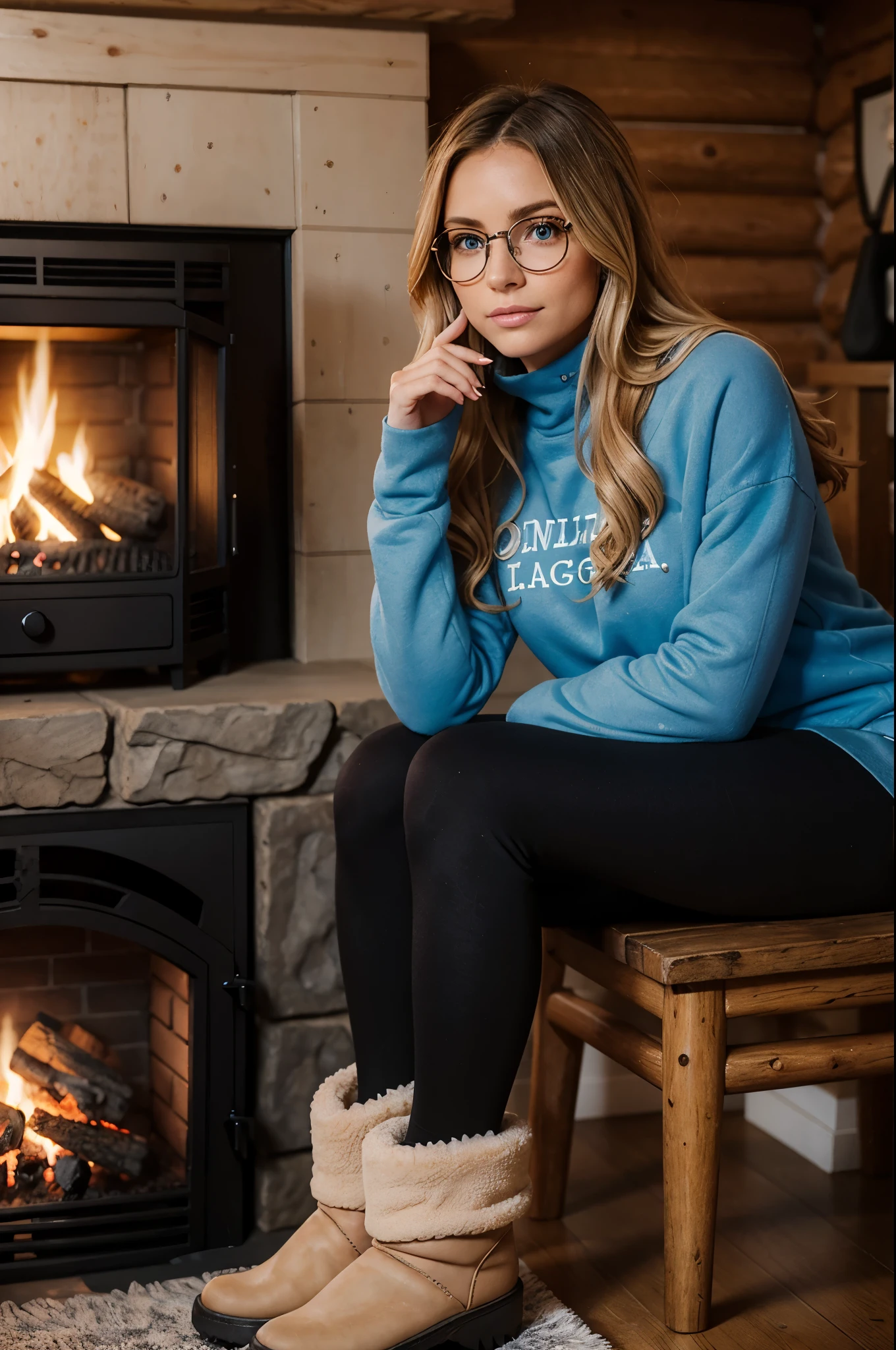 1woman, ombré blonde balayage hair, beautiful blue eyes, freckled face, beautifully detailed face, circle glasses, sweatshirt, seamless black leggings, fuzzy faux fur ugg boots, log cabin by fire place background, full body portrait.