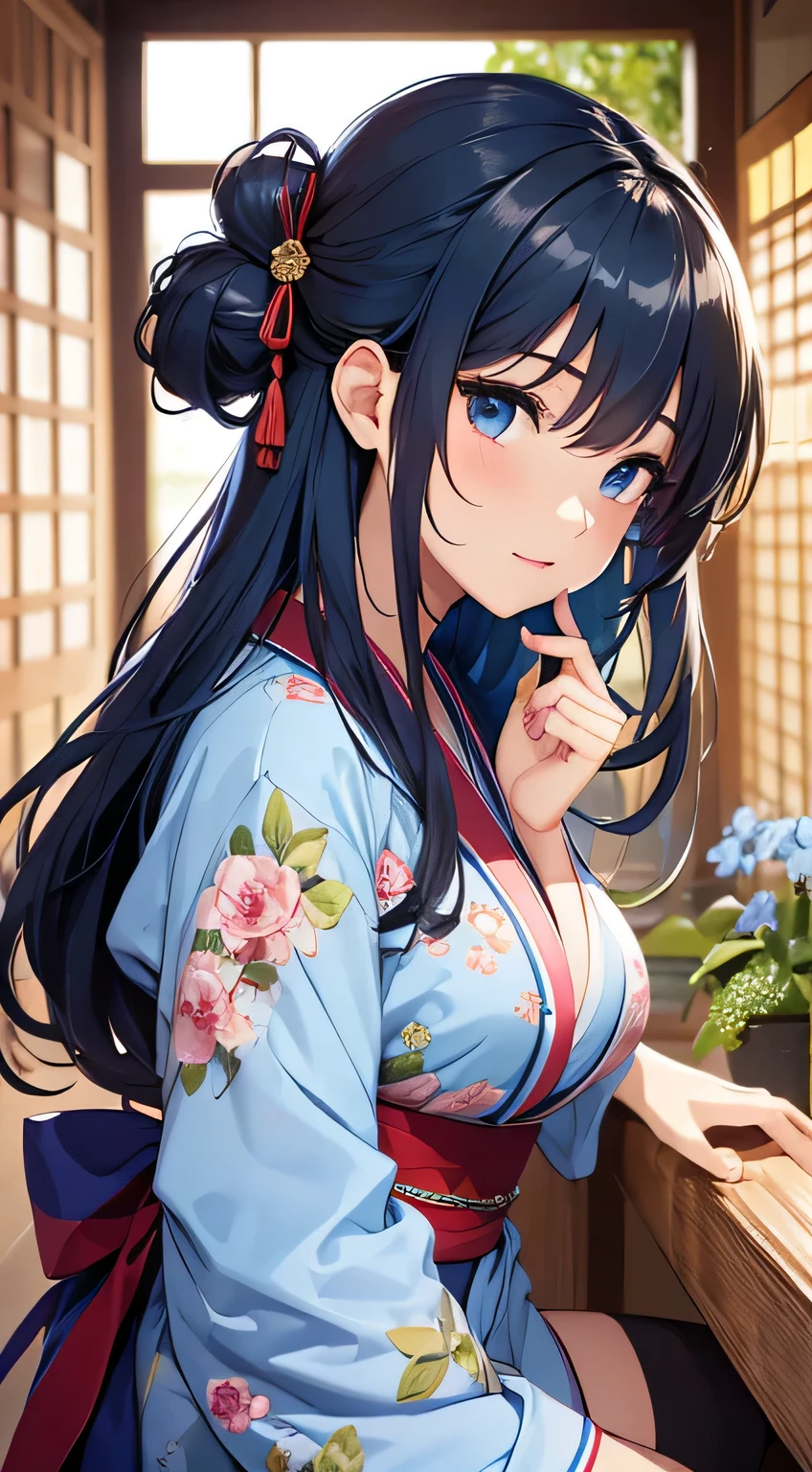 top-quality、Top image quality、masterpiece、s girl((18year old、 Ager、Best Bust、Medium bust,wide open brea、light blue eyerest, Black and light blue hair、A slender,Large valleys、dye one's cheeks red、Black yukata、pretty pose、Holding a fan、Seduction poses、Laugh、bending forward、Leaning forward)),hiquality、Beautiful Art、Background with((Inside the inn、natta、jpn))、masutepiece、depth of fields,a picture