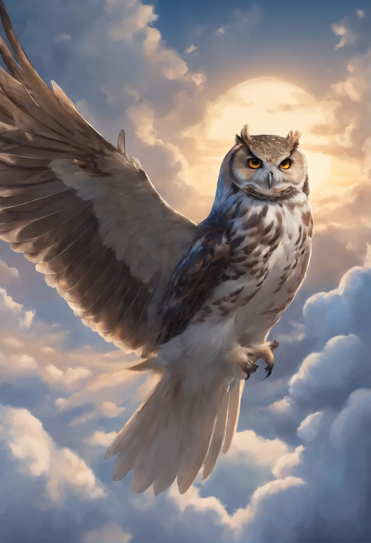 close-up of an owl and a swallow, walking on the clouds, fluffy clouds, shaggy clouds, casimir art, shigenori soejima illustration, boris valejo. Owl traveler, detailed anime character art, detailed key anime art, Granblue Fantasy, Beautiful owl and swallow in demon slayer art, Taisho Roman, crisp clear rpg portrait, Masamune Shiro, key anime art