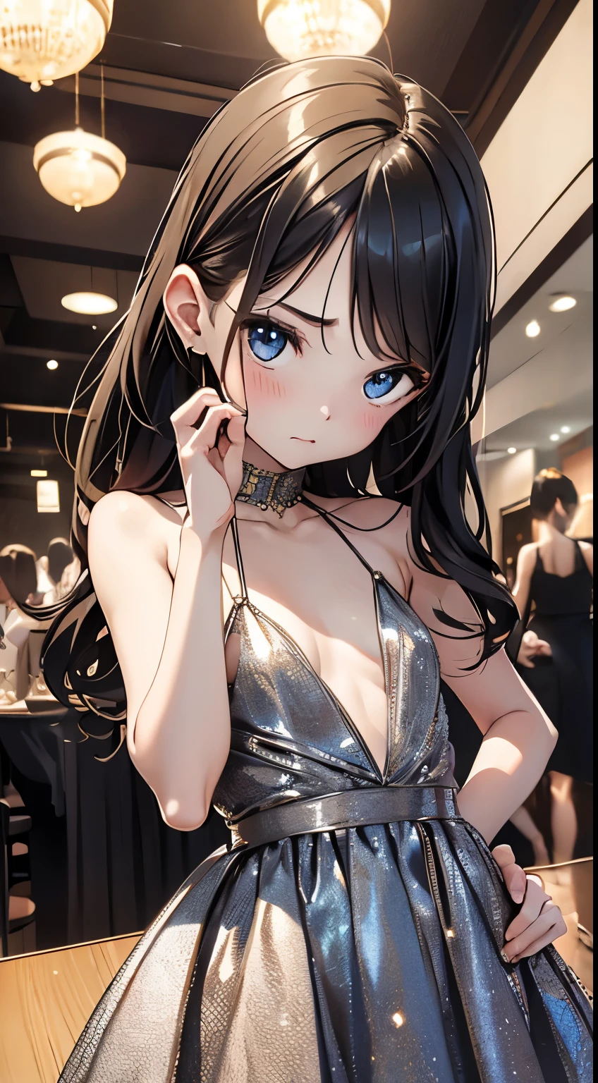 RAW shooting、Photorealsitic、masuter piece、one girls、Smaller face、a baby face、Very cute、Slender and beautiful、((small tits:1.2))、7Head and body、Meticulously drawn eyes、Attractive eyes、Twin-tailed、little giant、a choker、fine sequin dress、champagne gold dress:1.5、Chess gangte sleeveless dress with bold opening、Anguished poses、Luxurious dance hall、dimly lit dance hall、small title background