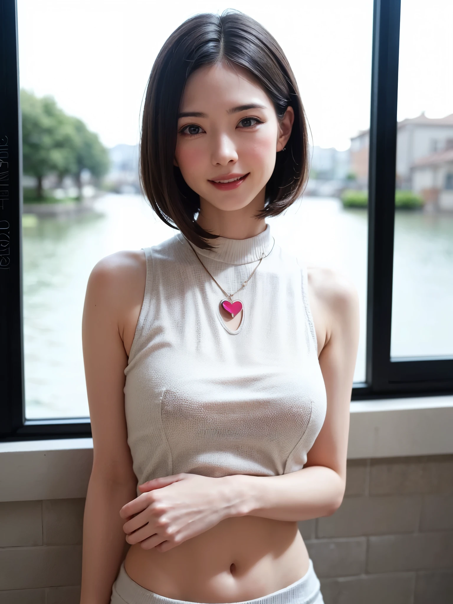 (masutepiece, top-quality、face focus focus、Armpit focus、navel focus、decolletage focus、underboob、Very attractive beauty、Add intense highlights to the eyes、Look firmly at the camera:1.4、A beautiful woman full of charm、Ideal ratio body proportions、Perfect Anatomy、Brunette Short Bob Hair、Lustrous hair、bangss:1.4、46 point 光沢のあるbangss:1.4、lipgloss),1girl in, report, Light brown shiny hair, muffler,realisitic, looking at the viewers、Tilt your head slightly, Bright colored crystal light blue eyes, short shiny hair、 White turtleneck outfit with a hole in the center of the chest,Sexy white turtleneck knit sweater with a round hole in the middle of the chest、 s lips, lipgloss, The upper part of the body、big eye、Lashes、A little red in the face、Embarrassing)、((Italian winter window scenery))、((short hair with big eyes、Put very strong highlights in your students、{Gigantic|Big|Huge|Mega} breasts:1.4、beautiful deep valley、very Bigger breasts:1.4、gazing at viewer、Very beautiful beauty、Put your ears out、Long and beautiful Zhu Lake 1.4、、smil、Happy:1.4、Beautiful teeth、Open your mouth and laugh、Very cute smile、Heart-shaped pupil))、28 year old、Very cute supermodel、(((bangss、光沢のあるbangss)))