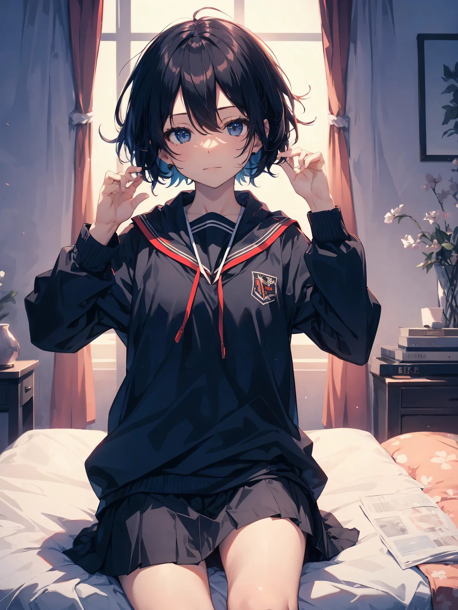 Super high quality by the art god, Ultra-detailed, High resolution, Gwise Style, anime moe art style, best anime 8K konachan wallpaper, Pixiv Contest Winner, Perfect Anatomy,BREAK,(sitting on a bedいる女の子の絵を描いてください ),BREAK, a hyperrealistic schoolgirl, (Solo,Lori,child,13years:1.3),Full limbs, complete fingers,a junior high school student, Androgynous attraction, (Very short hair), hair messy, flat chest, Small butt, groin, Small eyes,Beautiful detailed black eyes, Well-proportioned iris and pupils, High resolution detailed hair, School uniform, Skirt, sitting on a bed, BREAK,Ultra-detailed細なスキン, Best lighting by famous artists, 8K, Cute illustration.