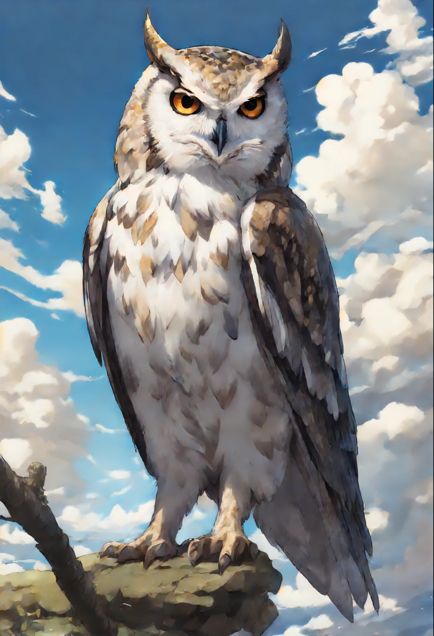 close-up of an owl and a swallow,  walking on the clouds, fluffy clouds, shaggy clouds, casimir art, shigenori soejima illustration, boris valejo. Owl traveler, detailed anime character art, detailed key anime art, Granblue Fantasy, Beautiful owl and swallow in demon slayer art, Taisho Roman, crisp clear rpg portrait, Masamune Shiro, key anime art