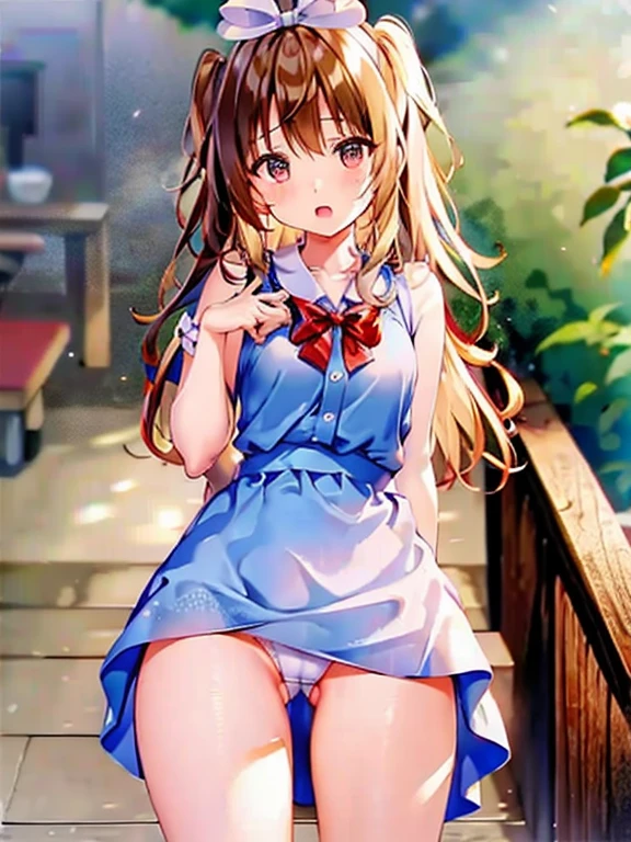 A 12 year old girl with a cute Alice in Wonderland blonde wavy headband sits naked with her legs spread wide showing her ass, anus, pussy and small nipples.。I don't wear any underwear。A pose where you can be seen from below。are small。Pose that shows your anus。pussy and anus are spread。Spreading legs with both hands。taking off the apron dress。Peeing、panties are on the knees、SEX。NFSW