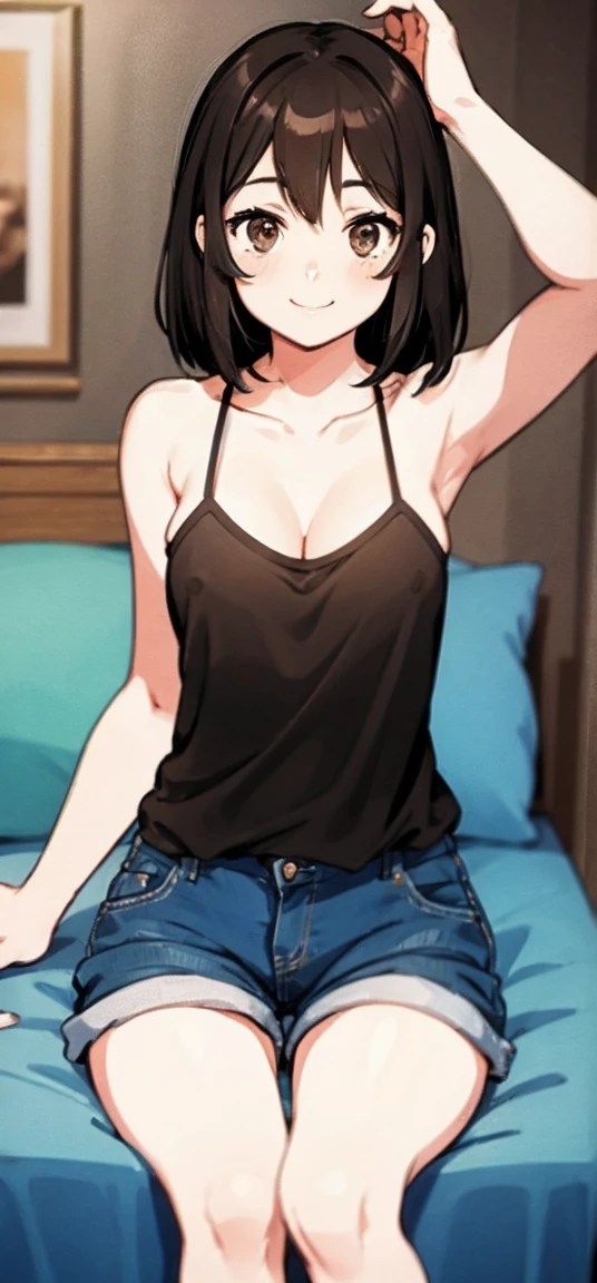 realistic, 1girl, selfie, body close together, looking up, cleavage emphasis, smiling, face extra large zoom, sitting on bed, sexy, (brown eyes), (bare shoulders), (covered nipples), (camisole), (dolphin shorts)