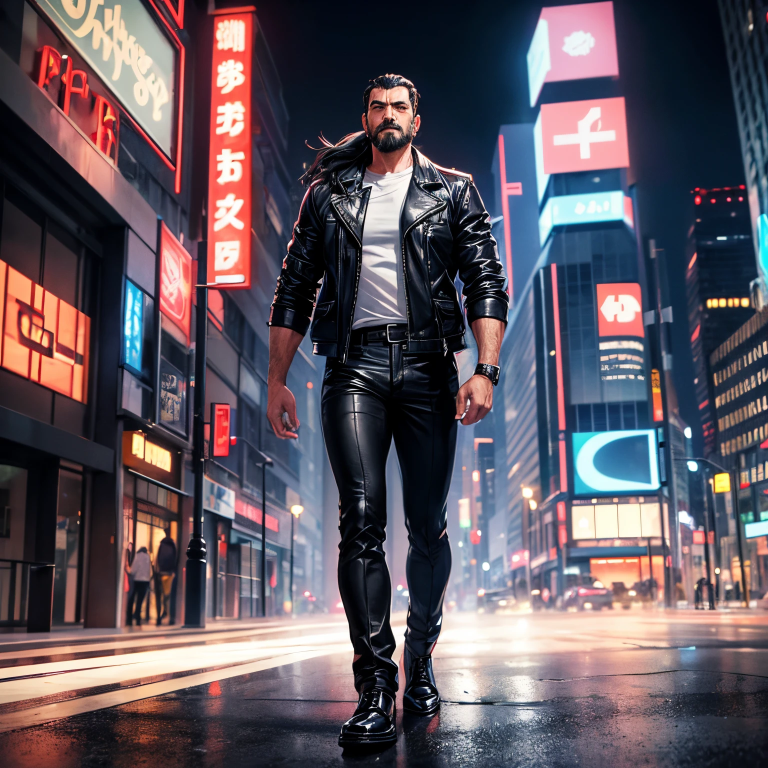 1man, middle-aged man, police detective, aged 40, stoic, serious, black hair with a mullet, partially shaved beard, indigo leather jacket, black trousers, white T-shirt, black shoes, in a lit-up city at night, standing