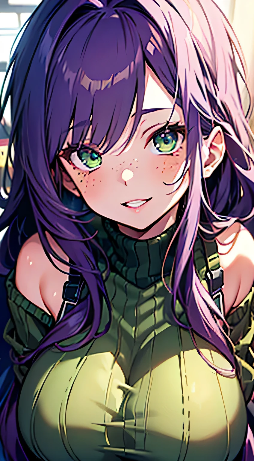 (masterpiece, highres, high resolution:1.2), anime 20 yo girl, portrait, shoulders up, illustration. drawn, violet hair woman, green eyes, blushing, solo, crazy laughing, freckles, big lips, huge breasts, perfect body, wearing a turtleneck sweater, anime girl, no hands.